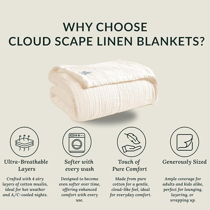 Cloud Scape Linen Extra Large 4 Layer Muslin Throw Blanket - 100% Cotton Gauze, Lightweight & Breathable All Season, Pre-Washed, for Couch & Bed, 50x70, Ivory