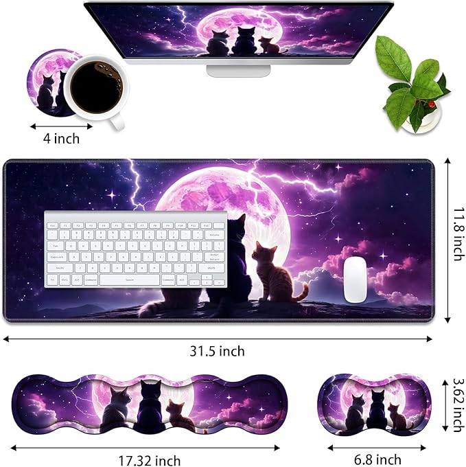 4 in 1 Ergonomic Memory Foam Mouse Pad Wrist Rest Set, Large XXL Gaming Desk Pad + Keyboard Wrist Rest + Mouse Wrist Cushion + Coaster for Home Office Study Gaming, Cats Under The Moon