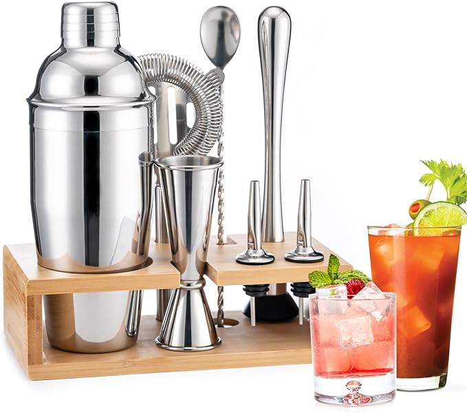 BRIOUT Cocktail Shaker Set, 8-Piece Bartender Kit Include Stand Martini Shaker Jigger Strainer Muddler Mixer Spoon Pour, Home Bar Accessories Tools for Drinks Mixing, Stainless Steel Silver