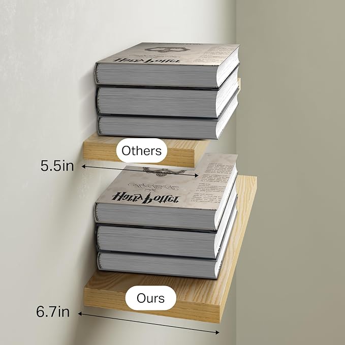 BAYKA Floating Shelves, 22.5 inch Rustic Wood Wall Mounted Shelves Bathroom, Bedroom, Living Room, Kitchen, Hanging Shelf for Books/Storage/Decor (Oak-Toned,Set of 2)