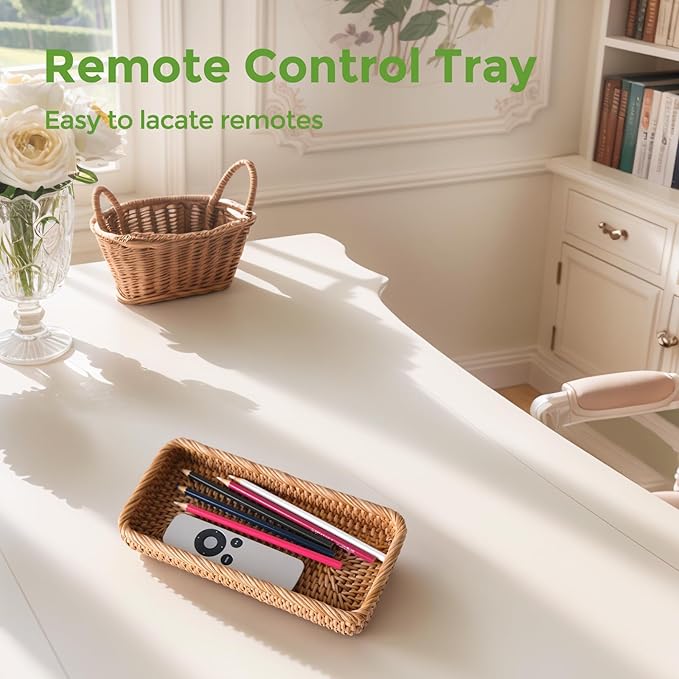 Small Rattan Serving Tray, Natural Wicker Decorative Tray for Trinket Ring Cosmetic, Rectangular Keys Basket Jewelry Perfume Trays for Coffee Table Entryway Living Room(10" × 5.1")