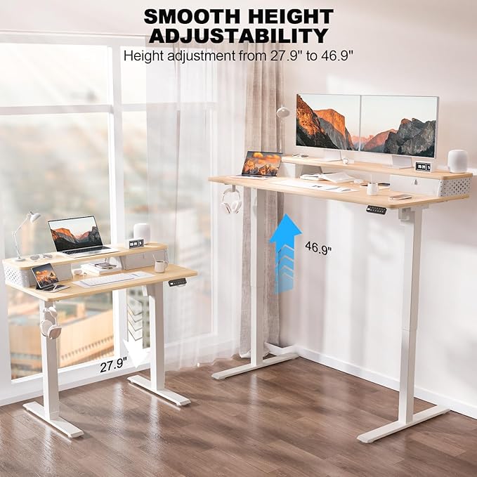55 x 24 Inch Standing Desk with 2 Drawers, Easily Assembled Height Adjustable Desk, Ergonomic Sit to Stand Electric Desk for Home Office Workstation, Natural