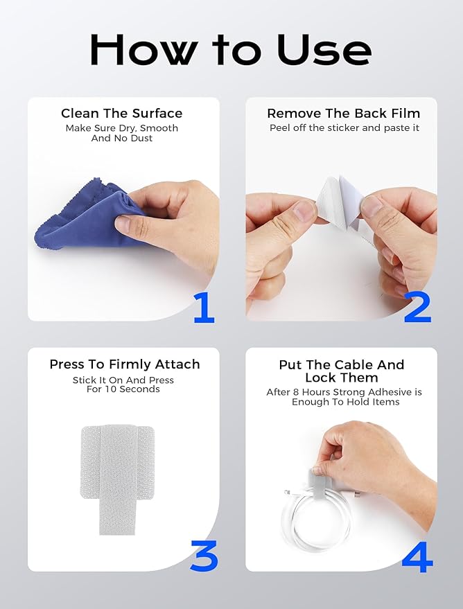 Adhesive Wire Management, 100pcs Hook and Loop Cable Ties, Adjustable Cable Straps, Sticky-Back Cord Organizer for Kitchen Appliances, Office, Home - White