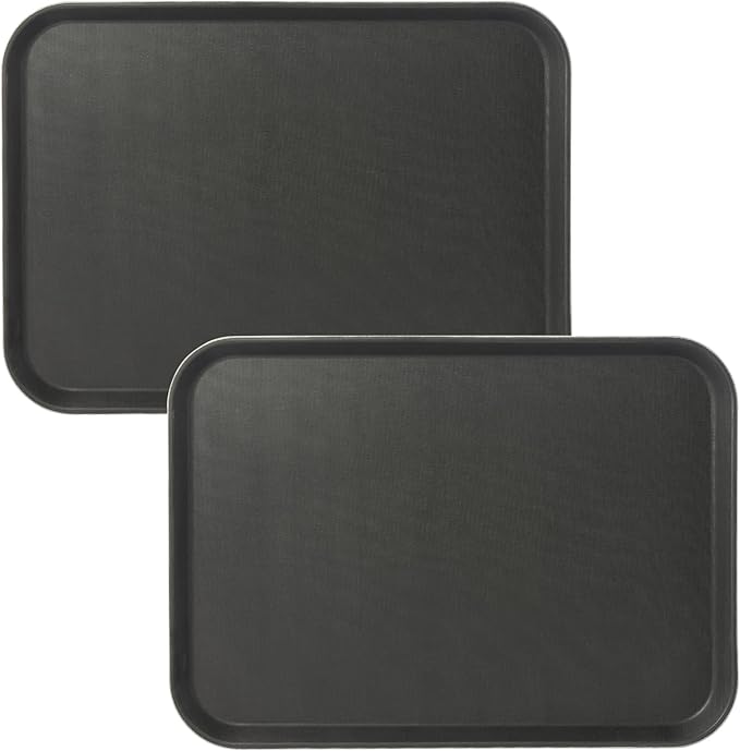 CURTA 2-Pack Restaurant Grade Non-Slip Tray, NSF, 22 Inch x 16 Inch, Plastic Rubber Lined Rectangular Serving Tray, Black