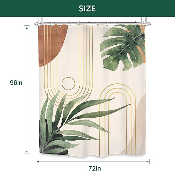Glawry Extra Long Green Leaf Shower Curtain 72Wx96L Inches Boho Mid Century Abstract Plant Botanical Bathroom Tropical Bohemian Palm Leaves Minimalist Bath Accessories Home Decor Fabric 12 Pack Hooks