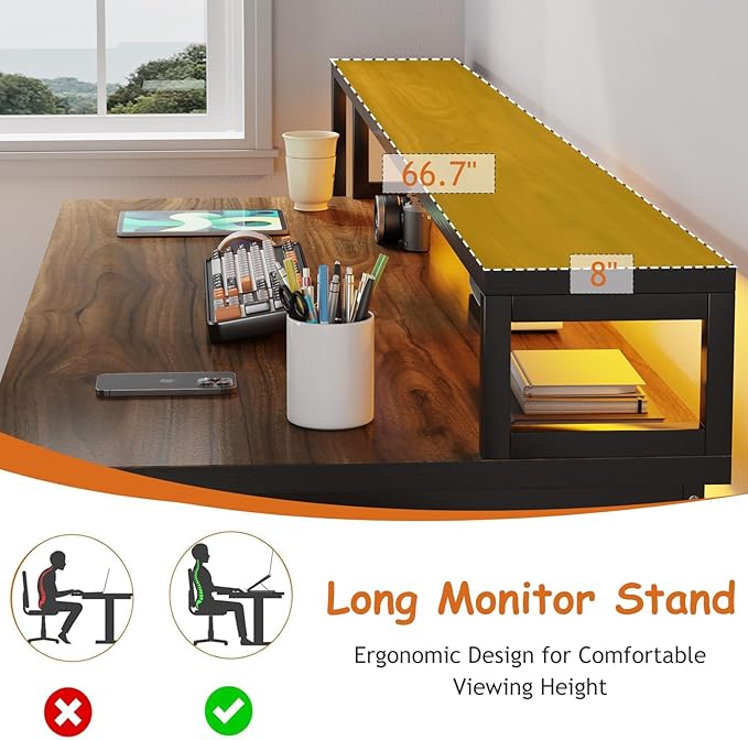 HOMBCK 67" Computer Desk with 3 Drawers, Home Office Desk with Long Monitor Stand and Printer Space, Office Desk with Storage & LED Lights, Writing Desk with Drawers, Black and Walnut