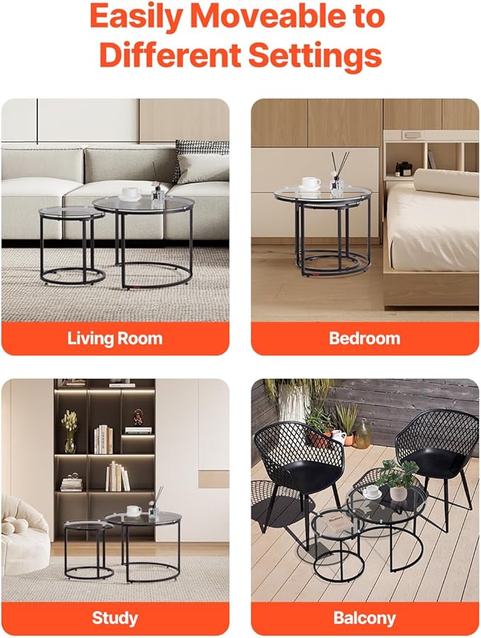 VEVOR Nesting Tables, Glass Coffee Table Set of 2, 23.6 inch Round Coffee Table, Small Coffee Tables Night Stand with Metal Frame, for Living Room, Bedroom, Office