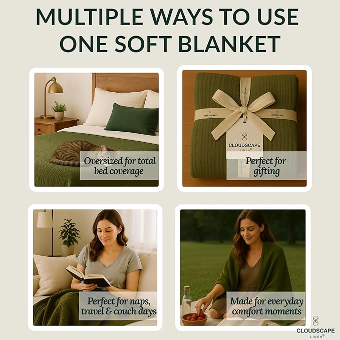 Cloud Scape Linen 100% Cotton 8 Layer Muslin Blanket Twin Size,Lightweight, Breathable Bed Blanket, Suitable for All Season, Cotton Gauze for Couch & Sofa, 68x92, Olive Green
