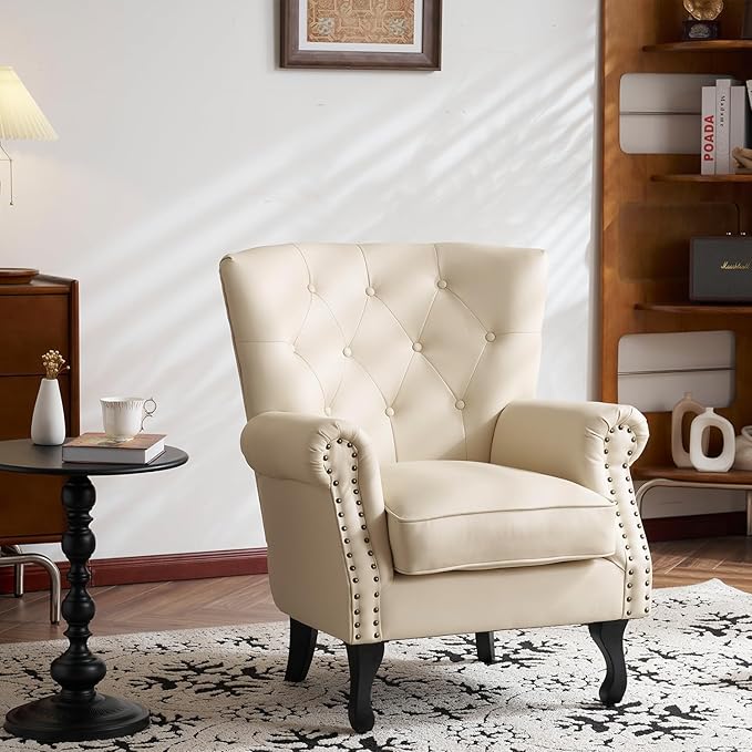 Modern Faux Leather Accent Chair, Upholstered Mid-Century Armchair with Solid Wood Legs, Single Sofa Chair for Living Room, Bedroom, or Reading Room（Ivory White）