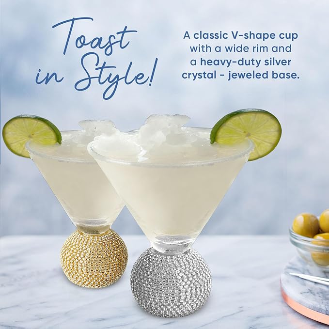 Stemless Martini Glasses Set of 2, Silver Stemless Modern Cocktail Glass, Crystal Ball Base in Elegant Box, Perfect Bar Accessories for Margarita, Manhattan, Cosmos, Mixed Drinks, and Desserts