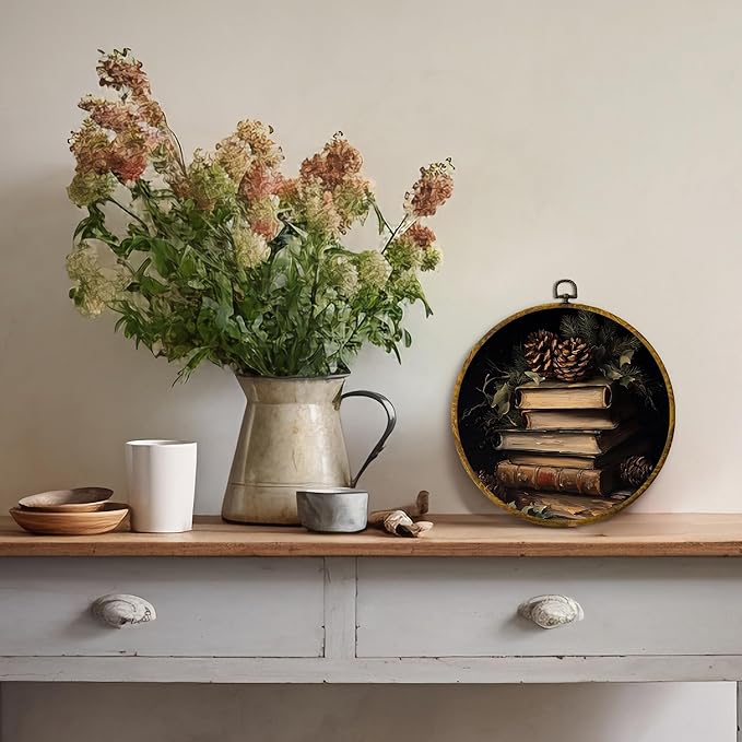 QZQE Rustic Christmas Round Wall Art Decor Framed, Vintage Christmas Pinecones Book Canvas Prints, Dark Academia Bookish Cottagecore Wall Hanging Decor for Library Reading Room Home, 10x10 Inch