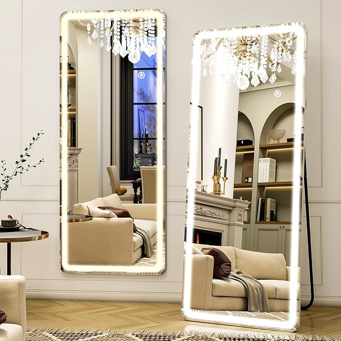21"x56" Rectangular Full Length Mirror with LED Lights, Standing or Wall-Mounted Full Body Mirror with Stand, Dimmable 3-Color Lighted Floor Mirror for Bedroom, Dressing Room, Cloakroom