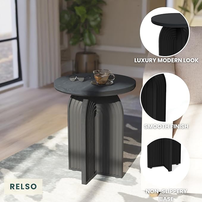 Relso Charon End Table - Round Black Mango Wood Side Table for Bedroom, Living Room | Small Nightstand, Versatile Bedside Table, Coffee Table | Modern Home Decor, Easy Assembly, Sturdy Accent Table