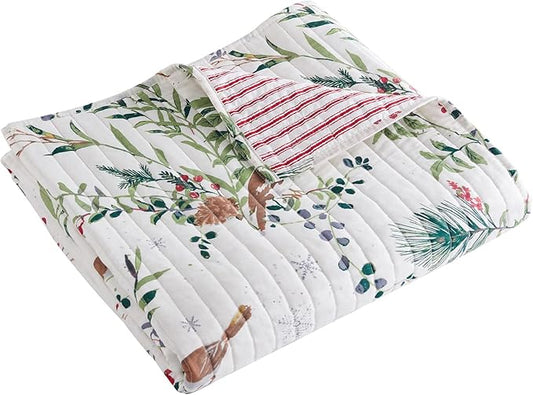 Levtex Home - Winterberry Forest Christmas Throw - Green, Red, Grey and Cream - Holiday Quilted Throw Size 50x60in. - Cotton/Polyester