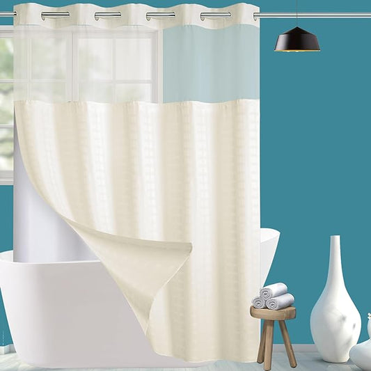 Extra Long No Hook Shower Curtain with Snap in Liner Set, Hotel Luxury Beige Shower Curtains for Bathroom with See Through Top Window, Waterproof, Washable 71W x 84H