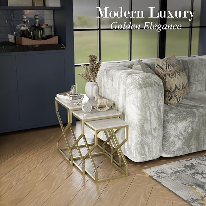 Relso Helix Nesting End Tables - Ceramic Tile Top with Gold Metal Frame - Set of 3 Accent Tables for Living Room Bedroom Entryway - Small Coffee Tables, Modern Nightstand, Durable Design | No Assembly