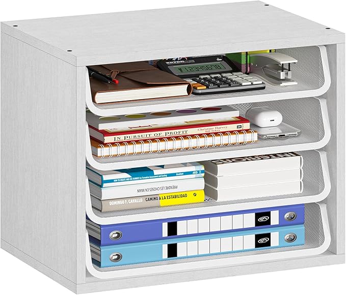 Simple Trending Desk File Organizers, 4-Tier Letter Tray Paper Organizer with File Holder, Wooden Paper Sorter for Office Supplies, White