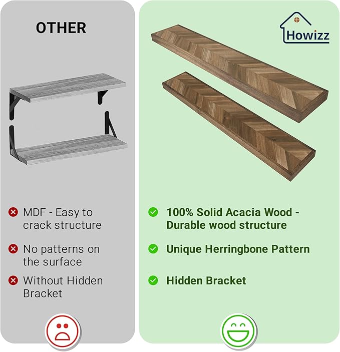 48" Rustic Farmhouse Floating Shelves – Set of 2 Acacia Wood Shelves for Stylish Wall Decor in Kitchen, Bathroom, Unique Chevron Pattern, Dark Walnut Color, 48x8x1.5 Inches - Set of 2 - DIY