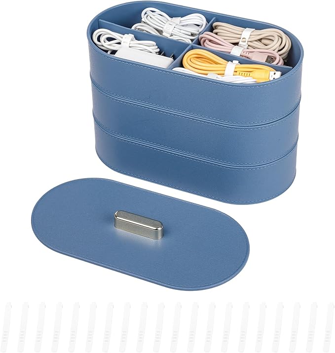Yesesion Large Cable Organizer Box with Lid, Plastic Cord Management Case with 20pcs Wire Ties, Desk Drawer Tray for Home Office Supplies, Electronics, Chargers, Sticky Notes, Pens, Makeup (Blue)