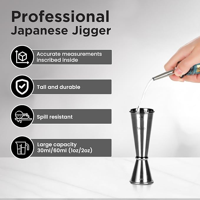 Mixology Bartender Kit with Japanese Jigger & Bamboo Stand - 25 Piece Stainless Steel Cocktail Making Set - Boston Shaker, Strainer, Mixer, Spoon, Muddler Barware - Anniversary & Birthday Gifts