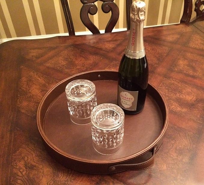 HofferRuffer Top Nocth PU Leather Round Serving Tray, Decorative Serving Tray with Handles, Coffee Tray, Ottoman Tray for Home Or Office, Diameter 14.6-inch, Brown