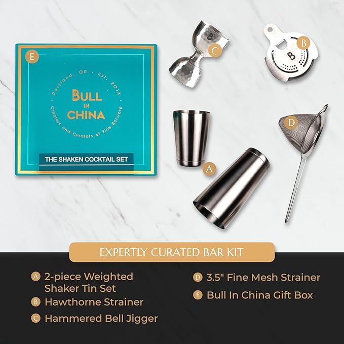 5 Piece Cocktail Kit by Bull In China - Premium Bartender Gift Set Includes Weighted 2 Piece Boston Shaker, Hammered Bell Jigger, Hawthorne Strainer & Fine Mesh Strainer (Stainless Steel)
