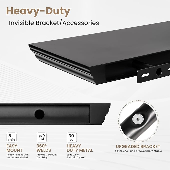 Axeman 48 Inch Floating Shelves for Wall, 9.3" Deep Crown Molding Wood Display Shelf with Heavy Duty Invisible Brackets for Living Room, Bedroom, Bathroom, Kitchen Decor & Storage, Set of 1, Black