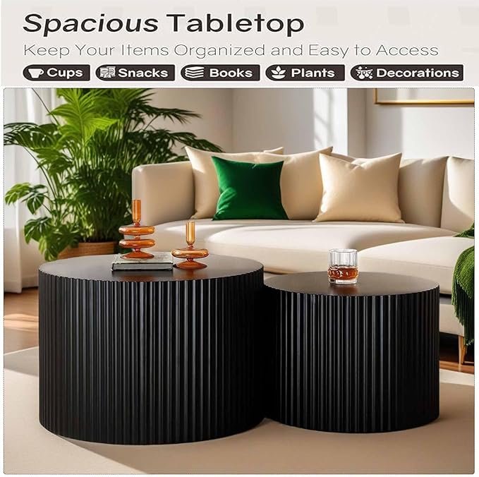 Modern Round Wooden Nesting Coffee Table Set of 2 Circle Tables with Non-Slip Feet, Accent Side End Table, Saving Space Design and No Need Assembly (ESMALL)