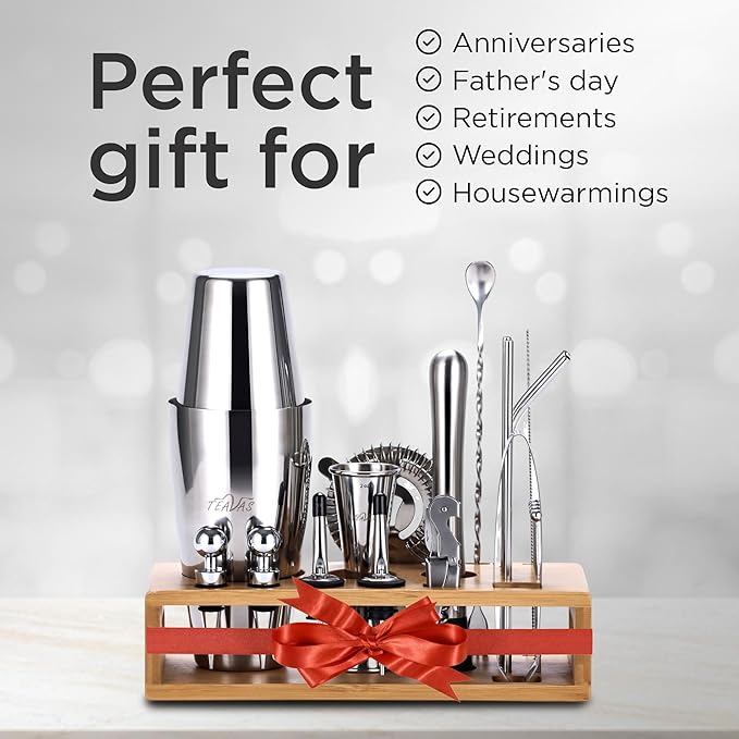 Mixology Bartender Kit with Japanese Jigger & Bamboo Stand - 25 Piece Stainless Steel Cocktail Making Set - Boston Shaker, Strainer, Mixer, Spoon, Muddler Barware - Anniversary & Birthday Gifts