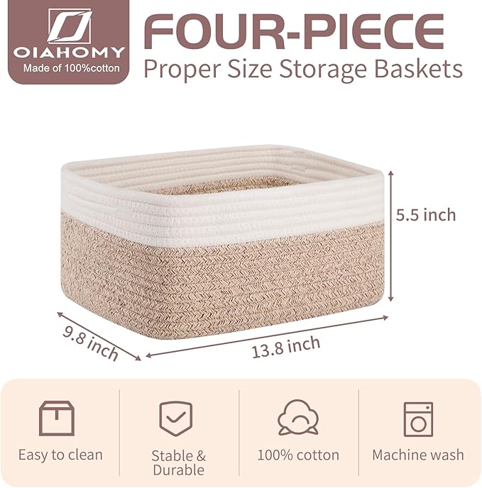 OIAHOMY 4 Pack Storage Baskets for Organizing, Small Bins for Shelves, Cute Decorative Storage Bins, Organizer Baskets for Gifts Empty, 13.8''Lx9.8''Wx5.5''H, Brown/White