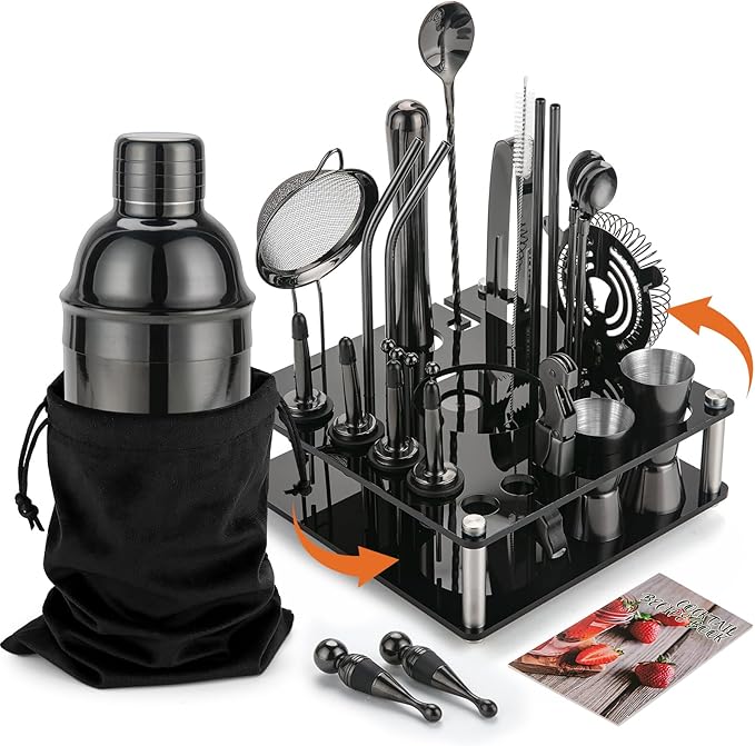 KINGROW Cocktail Shaker Set 29-Piece Bartender Kit with Rotating Stand | Bar Set Drink Mixer Set with All Essential Accessory Tools for Drink Mixing, Home, Bar, Party |Black