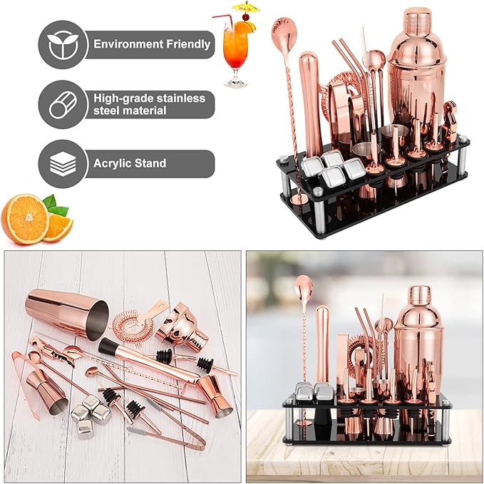 23 Piece Cocktail Shaker Set Bartender Kit with Acrylic Stand & Cocktail Recipes Booklet, Professional Bar Tools for Drink Mixing, Home, Bar, Party (Include 4 Whiskey Stones) - Gold Rose