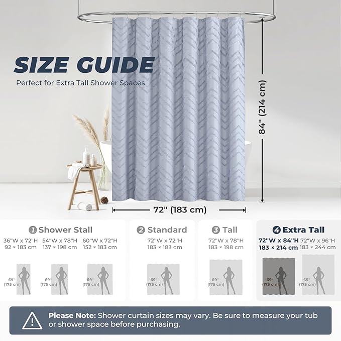 84inches Extra Long Light Blue Boho Fabric Shower Curtain Tufted Chevron Striped Textured Cloth Curtains for Bathroom, Fog Blue
