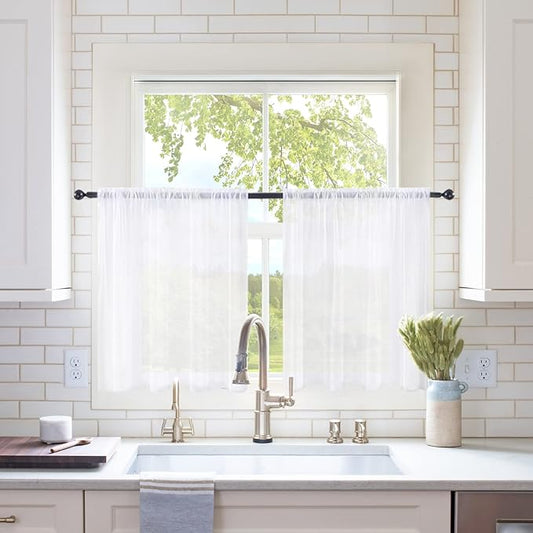 MIULEE 2 Panels Kitchen Tiers Half Window Sheer Curtains Rod Pocket Voile Drapes for Kitchen Bathroom Small Windows 54 by 36 Inch White
