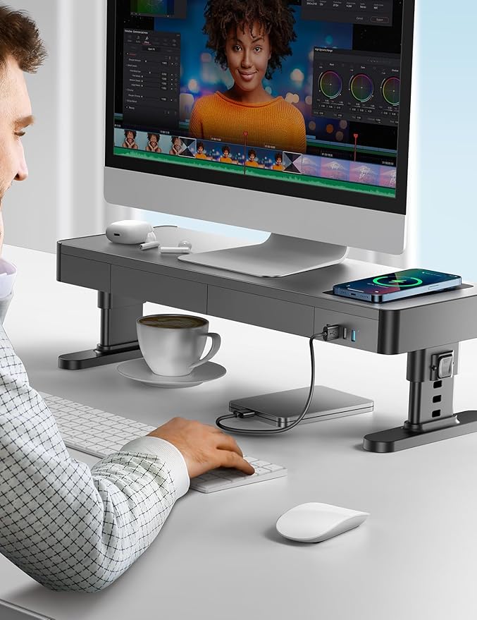 meatanty Monitor Stand Heights Adjustable, Computer Riser with Auto Phone Charger, 4 USB Ports Hub and Drawer Storage, Metal Desktop Organizer Lifter Shelf for PC Screen Studio Display Office Gaming