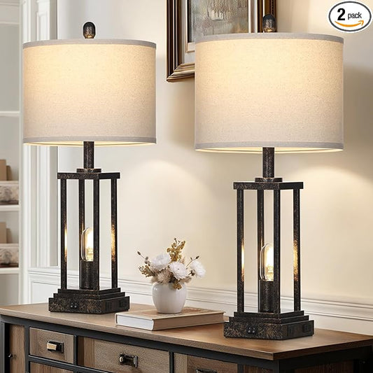 27" Tall Farmhouse Table Lamps with Night Light, Bronze Industrial End Table Lamp for Living Room, Rustic Bedside Lamps Set of 2 with USB C+A Ports & AC Outlet, Vintage Bedroom Lamp for Nightstand