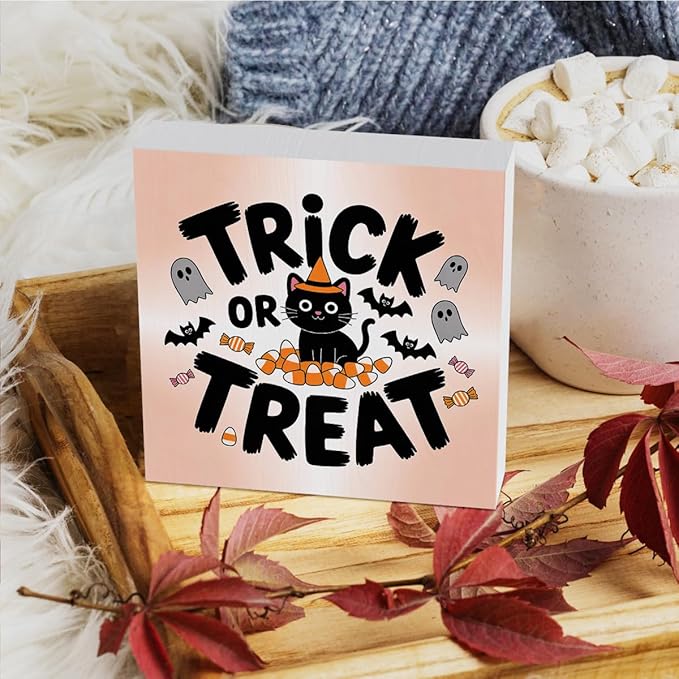 HTBIG Halloween Decor, Trick or Treat Signs Halloween Desk Black Cat Decor, Ghost Sign Home Office Desk Shelf Cubicle 5 x 5 inch