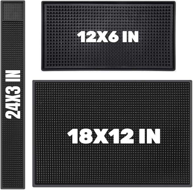 WANGCHAO Bar Mat Set - 8mm Thick Anti-Skid Non-Toxic Rubber Bar Mat for Home Bar, Countertop, Restaurants, Coffee Bar Mat - Premium Rubber Bar Service Spill Mat (3 pack) (24*3"+18*12"+12*6")