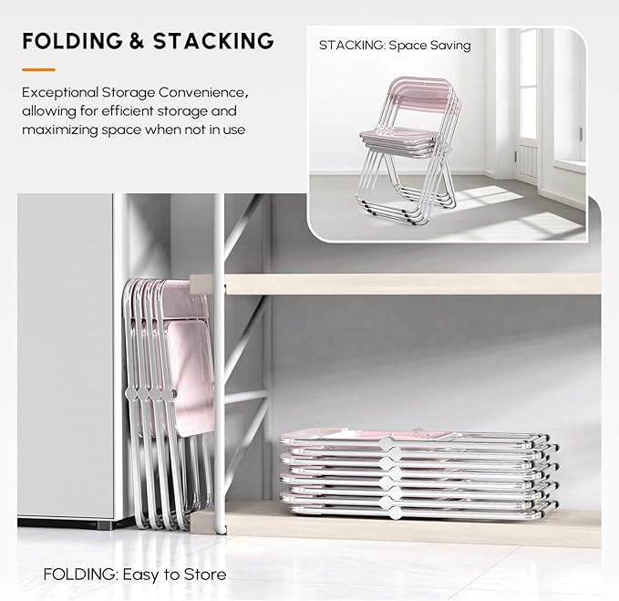 VINGLI Acrylic Folding Chairs 4 Pack, Clear Chair Foldable and Stackable, Plastic Panel & Metal Chrome Frame, Weight Capacity 350 lbs, Pink