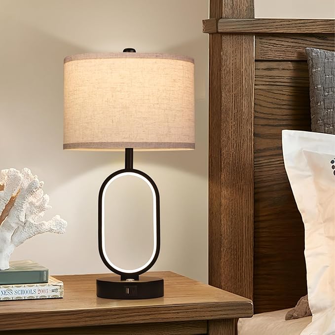 Farmhouse Table Lamps Set of 2, Built-in Dimmable Night Light Bedside Lamps, Table Lamps for Night Stands with USB Charging Ports, Bedroom Lamps for Nightstand, LED Bulbs Included