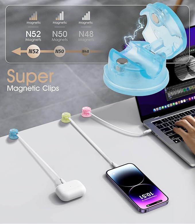 9 Pack Magnetic Cord Organizer [Locking Cable Rotatable] Cable Clips, Nearockle Strong Magnetic Cord Holder, Adhesive Cord Keeper Cable Management for Desk,Car,Nightstand,Office(Macaron Color)