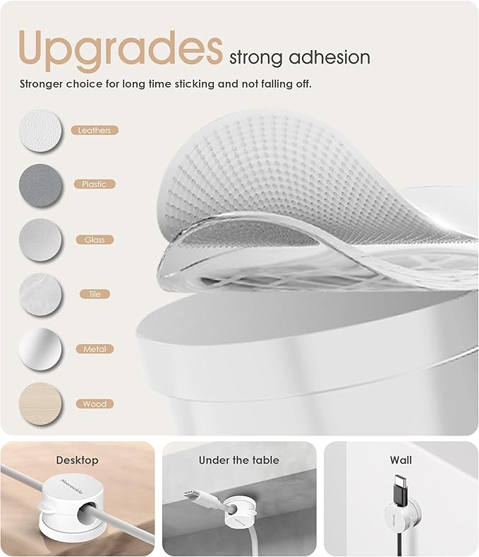 9 Pack Spring Cord Organizer Cable Clips [Locking Cable Rotatable], 2025 Latest Nearockle Phone Charging Cord Holder Cable Management for Car, Nightstand, Office Desk Accessories (White)