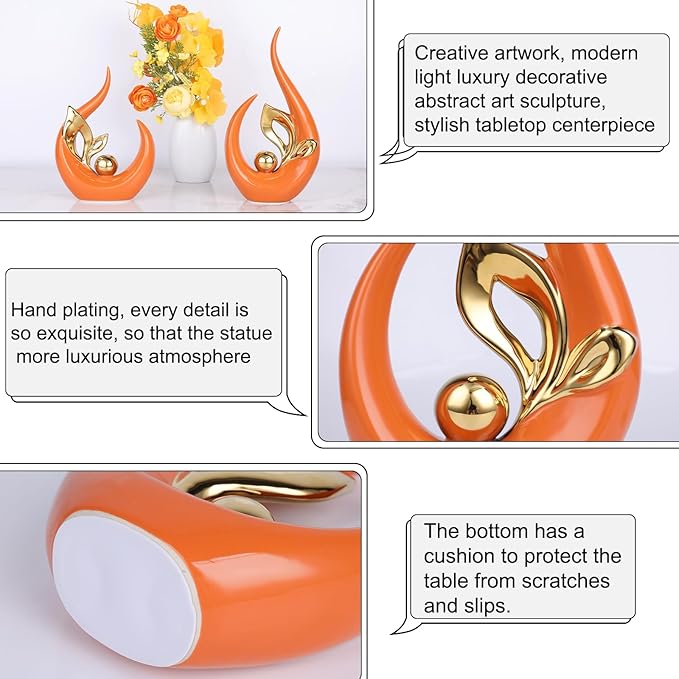 9.4" H Orange Gold Abstract Sculptures Home Decor, Ceramic Art Statue Cool Stuff to Put on Shelves&tv Stand Decor, Gold Accent Entertainment Center, for Fireplace Coffee Table Dining Table Decorate
