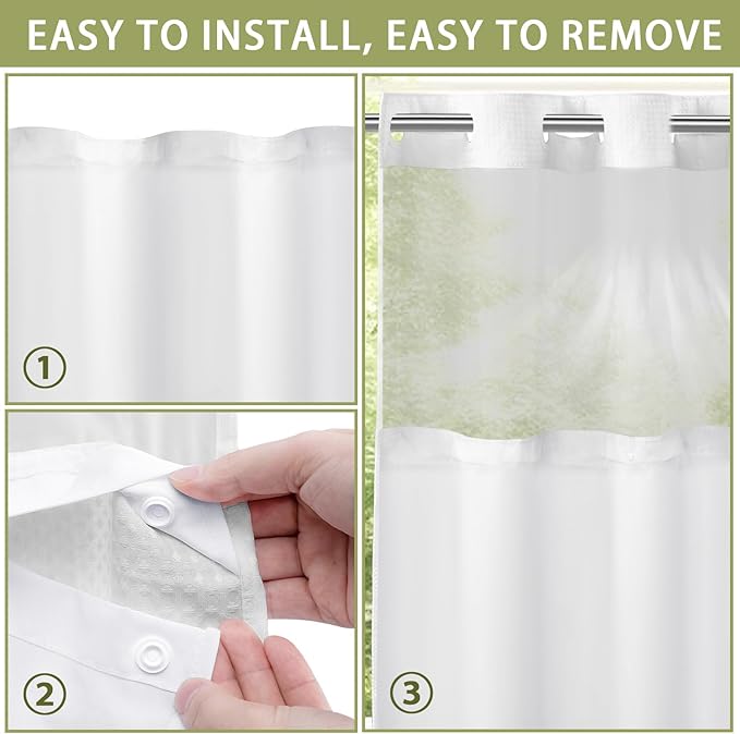 YellyHommy Waterproof Fabric Snap in Shower Curtain Liner Replacement with 2 Magnets 71" W x 61" L for 72" W x 81" L No Hook Shower Curtain - Removable & Detachable to Wash - White