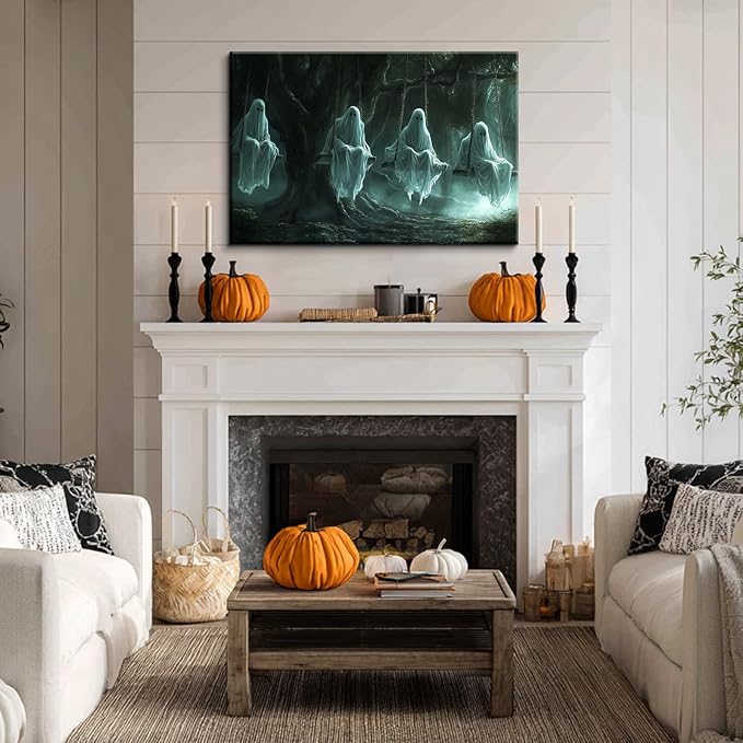 BANHUA1 Vintage Halloween Canvas Wall Art, Funny Ghosts Swing in Forest Print, Gothic Dark Academia Wall Decor, Creepy Spooky Abandoned Art Halloween Pictures, 40 x 28 Inch