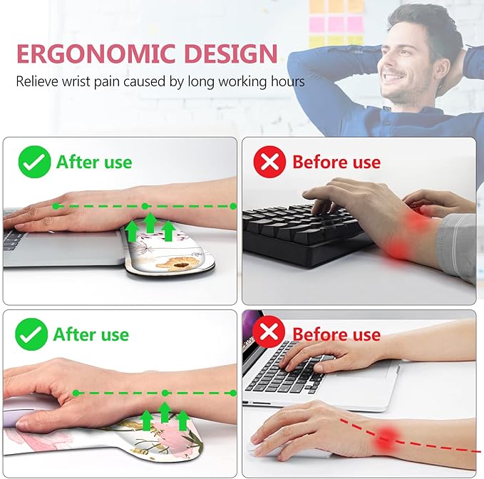 AIMSA Keyboard Wrist Rest and Mouse Pad with Wrist Support Set, Memory Foam Ergonomic Non-Slip Rubber Base, Easy Typing and Pain Relieve for Computer, Laptop,Pink Flowers