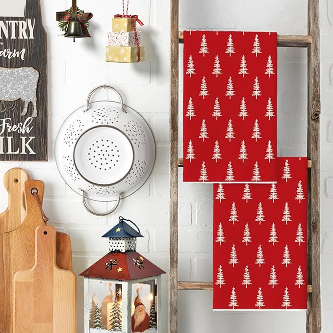 Artoid Mode Red Xmas Tree Christmas Kitchen Towels Dish Towels, 18x26 Inch Farmhouse Holiday Winter Decoration Cleaning Set of 2