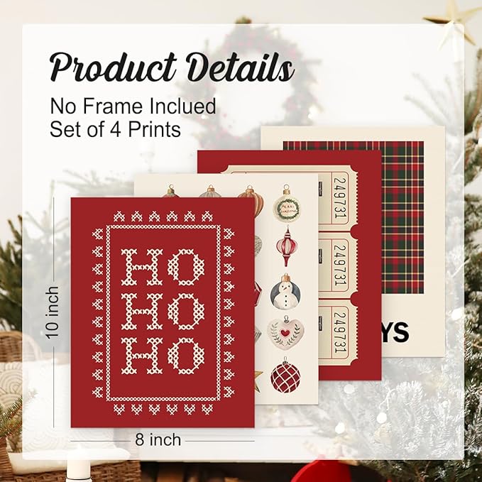 Wheatwin Christmas Wall Art Prints Set of 4, Trendy North Pole Wall Posters Aesthetic, Happy Holidays Winter Xmas Decor for Farmhouse Living Room Bedroom, 8x10 (Unframed)