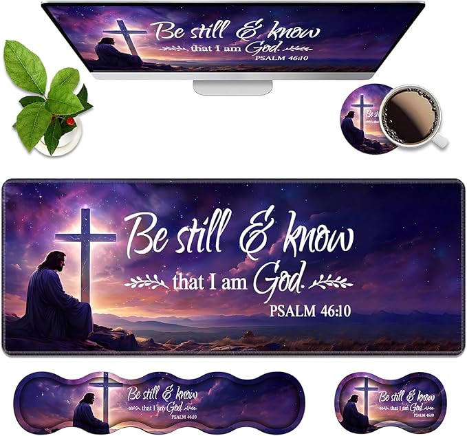 Ergonomic Memory Foam Mouse Pad Wrist Rest Set, Large Gaming Desk Pad + Keyboard Wrist Rest + Mouse Wrist Cushion + Coaster for Home Office Study Gaming, Christian Cross Quote Bible Verse Psalm 46:10