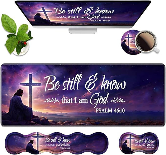 Ergonomic Memory Foam Mouse Pad Wrist Rest Set, Large Gaming Desk Pad + Keyboard Wrist Rest + Mouse Wrist Cushion + Coaster for Home Office Study Gaming, Christian Cross Quote Bible Verse Psalm 46:10